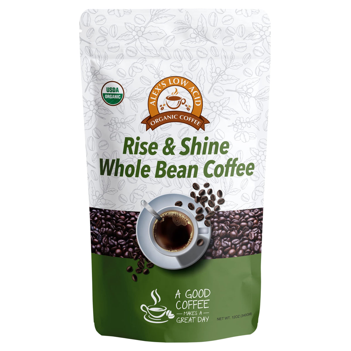 Alex's Low Acid Rise and Shine bag highlighting low acidity for smoother mornings.