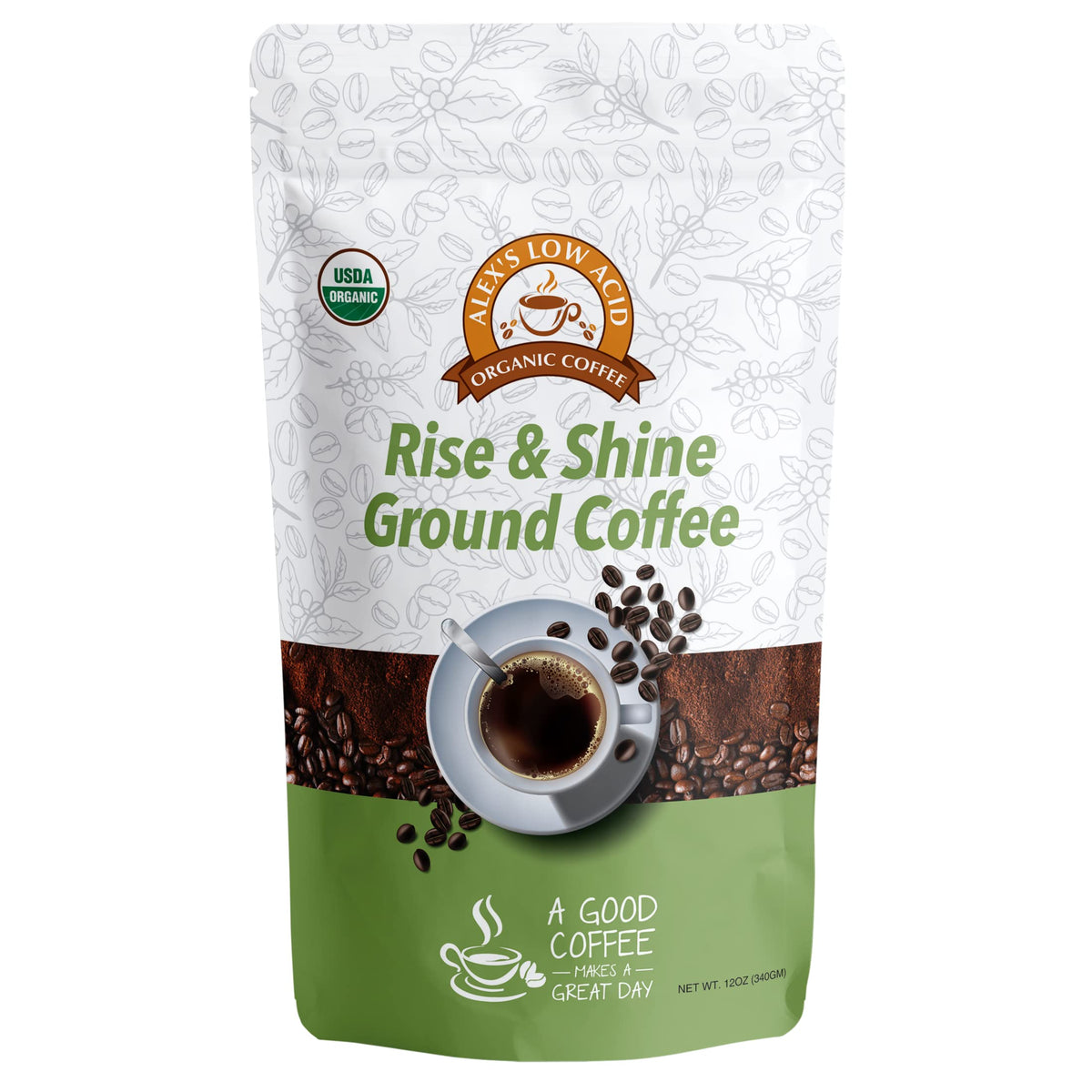 Alex's Low Acid Rise N' Shine coffee bag shows organic, low-acid blend.