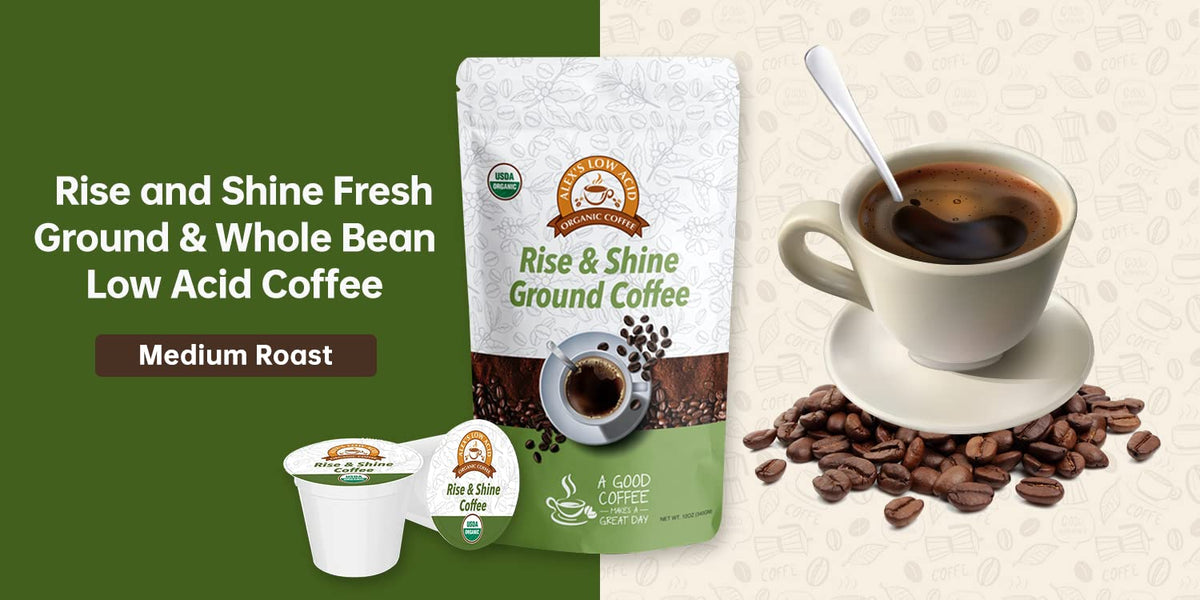 Steaming cup of Alex's Low Acid Rise N' Shine with smooth finish.