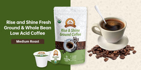 Steaming cup of Alex's Low Acid Rise N' Shine with smooth finish.