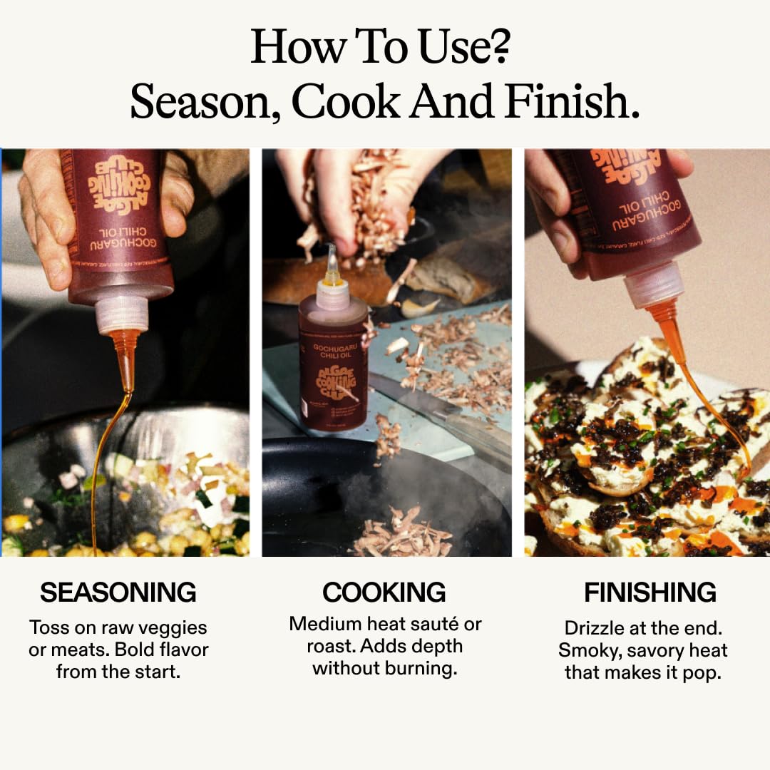 Algae Cooking Club Gochugaru Chili Oil label highlights seed-free oil claim.
