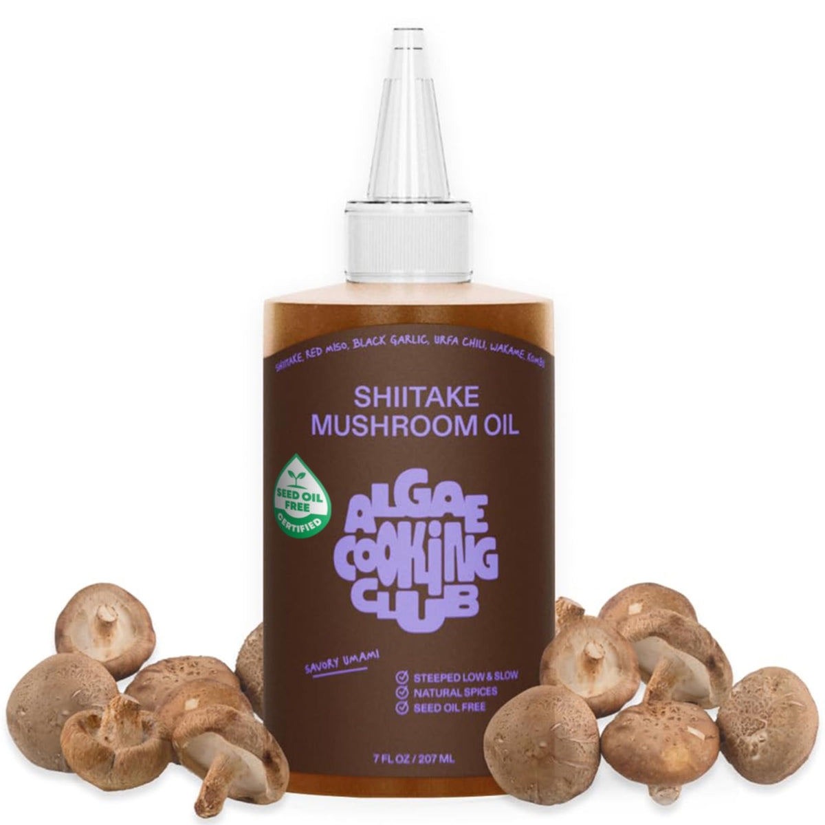 Algae Cooking Club Shiitake Oil bottle pour highlights rich flavor potential.