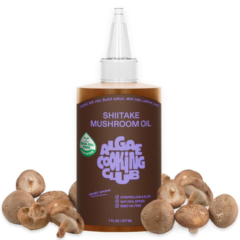 Algae Cooking Club Shiitake Oil bottle pour highlights rich flavor potential.
