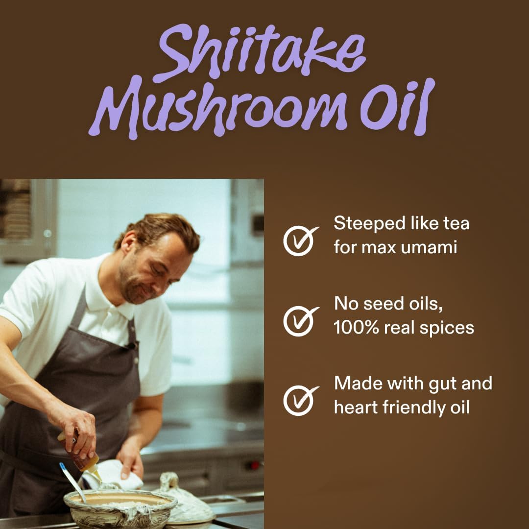 Algae Cooking Club Shiitake Oil ingredients closeup shows premium shiitake and miso notes.