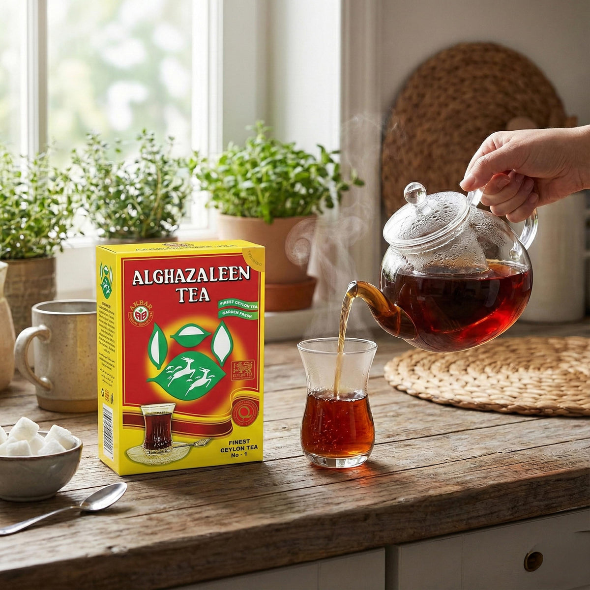 Alghazaleen tea served with milk and sugar to taste.