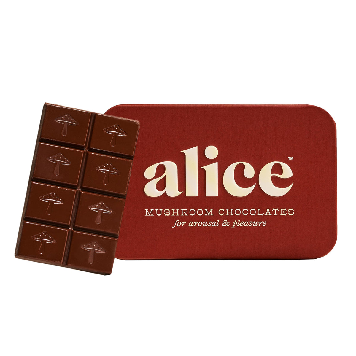 Alice Mushrooms Happy Ending packaging highlights premium vegan chocolate indulgence.