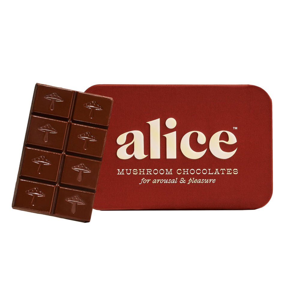 Alice Mushrooms Happy Ending packaging highlights premium vegan chocolate indulgence.