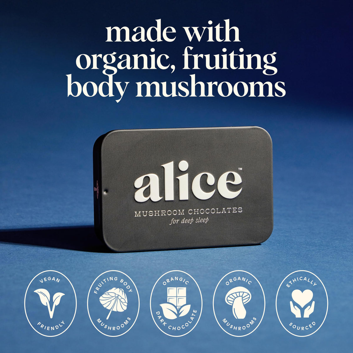 Alice Nightcap chocolate bar close-up highlights Reishi for deep sleep support.