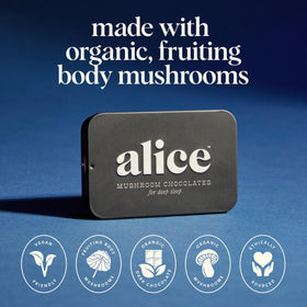 Alice Nightcap chocolate bar close-up highlights Reishi for deep sleep support.