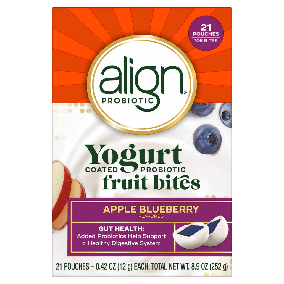 Align Probiotic Yogurt Coated Fruit Bites apple blueberry on-the-go snack.