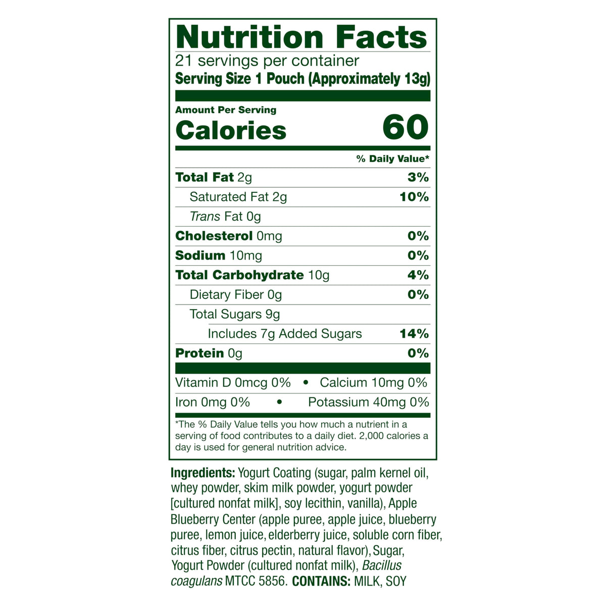 Align probiotic yogurt-coated fruit bites on shelf display for everyday snacking.