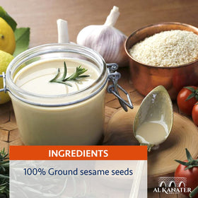 Close-up of Alkanater tahini paste with smooth ground sesame