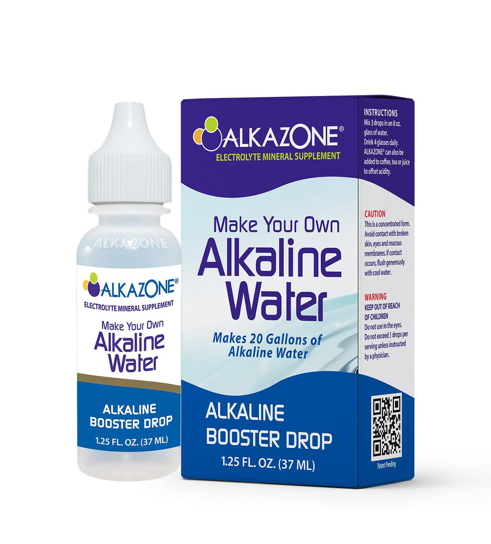 Alkazone bottle with alkaline water drops for travel hydration.