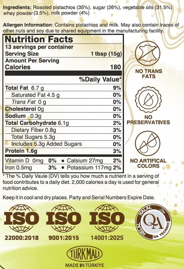 Alkis Pistachio Cream jar label emphasizes natural Turkish pistachios.