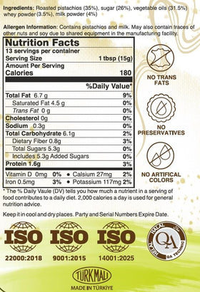 Alkis Pistachio Cream jar label emphasizes natural Turkish pistachios.