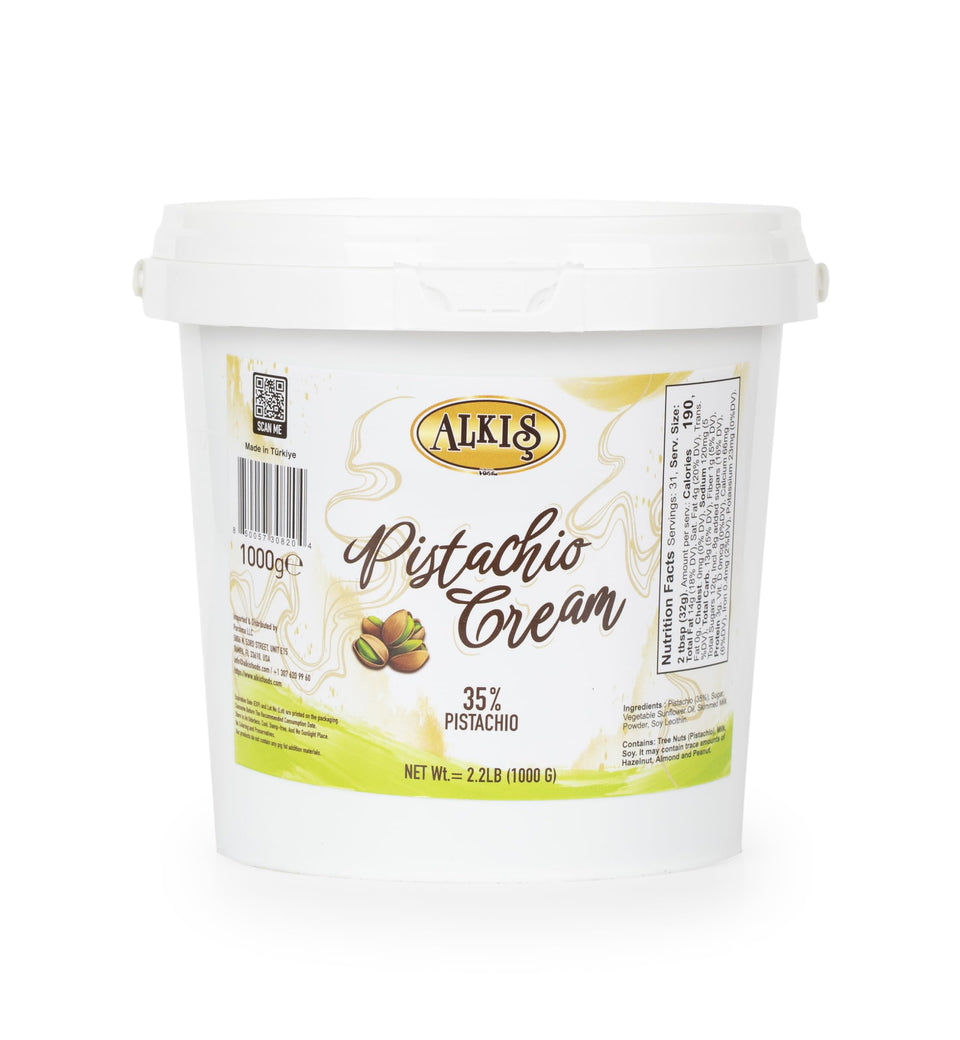 Alkis Pistachio Cream in a 1kg bucket, ready for use.