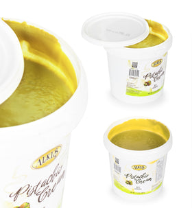 Close-up of Alkis Pistachio Cream texture for smooth desserts.