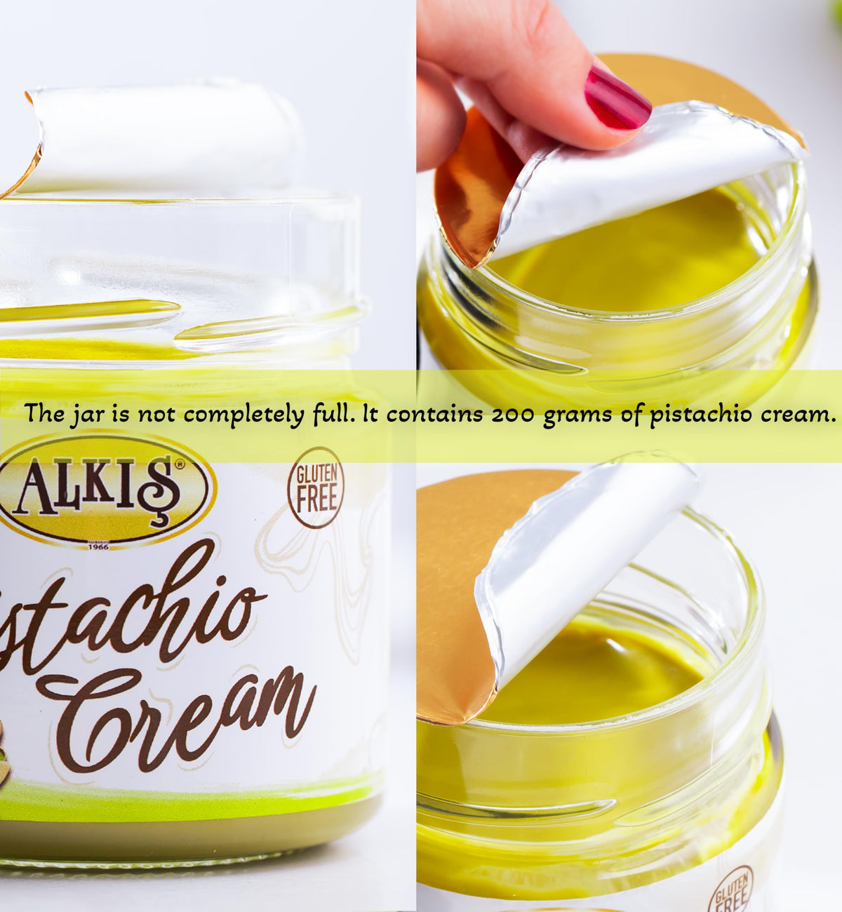 Alkis Pistachio Cream closeup shows velvety texture ideal for creative toppings.