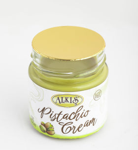 Alkis Pistachio Cream in glass jar highlights natural, additive-free pistachio goodness.
