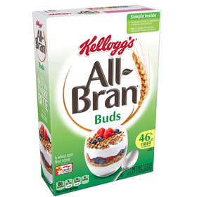 All-Bran Buds cereal close-up emphasizes crunchy wheat bran and fiber-rich goodness.