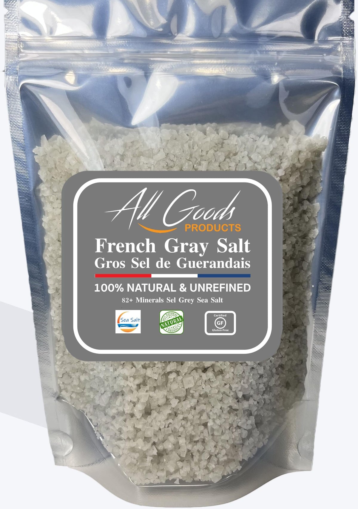 All Goods Mineral Grey Salt bottle pour shows coarse crystals for finishing dishes.