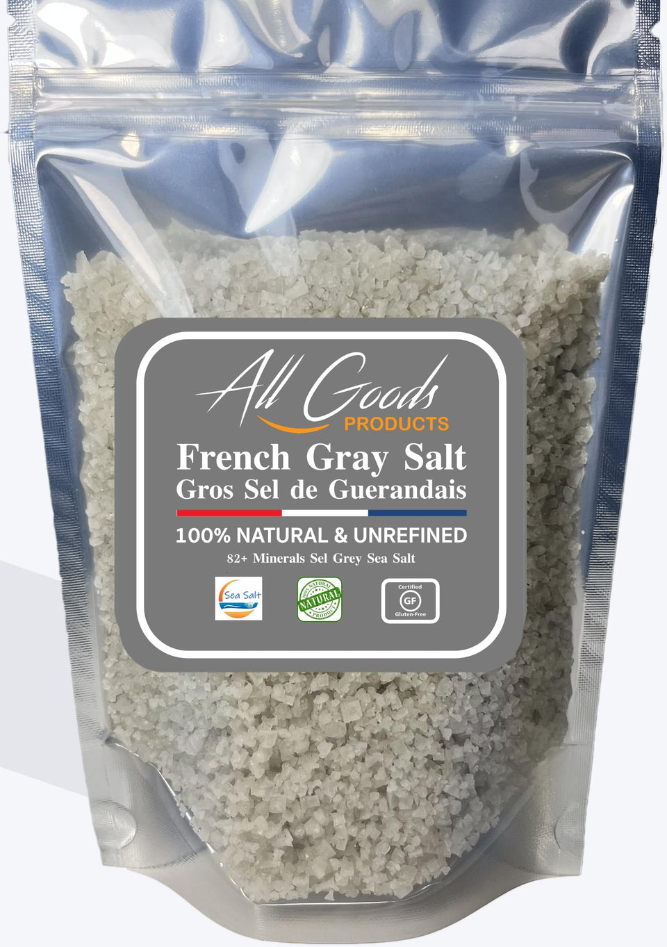 All Goods Mineral Grey Salt bottle pour shows coarse crystals for finishing dishes.