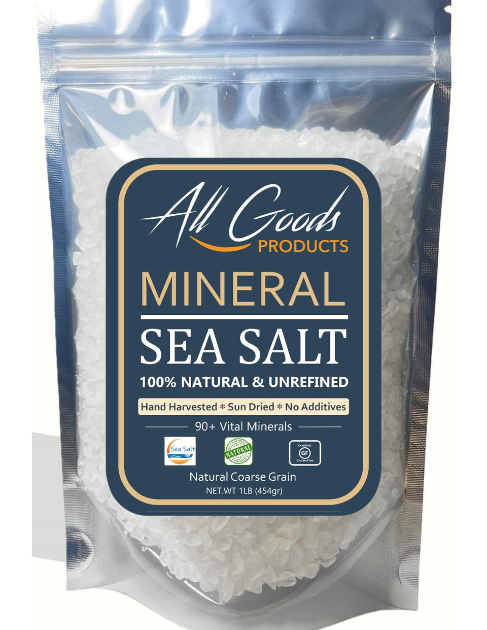 All Goods Mineral sea salt coarse bottle pour highlights mineral-rich crystals for flavorful cooking