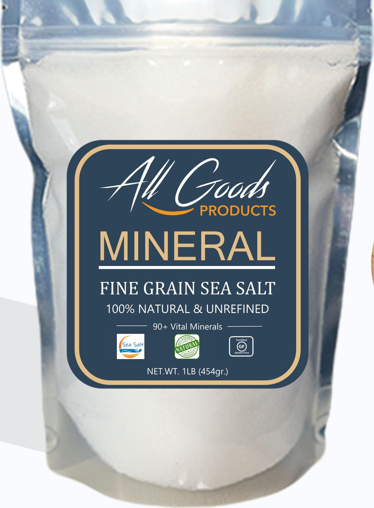 All Goods Sea Salt fine grain bottle shows clean crystals for everyday seasoning.