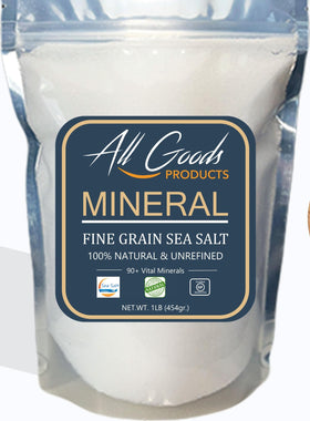 All Goods Sea Salt fine grain bottle shows clean crystals for everyday seasoning.