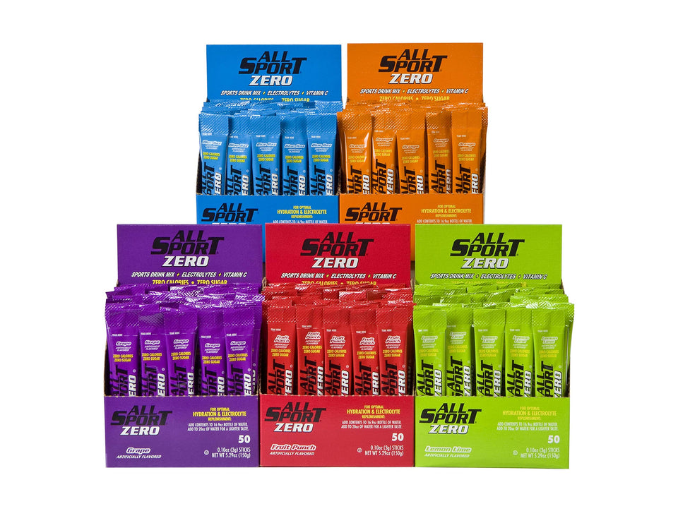 All Sport Powder Hydration Sticks poured into water bottle for fast, zero-calorie hydration.