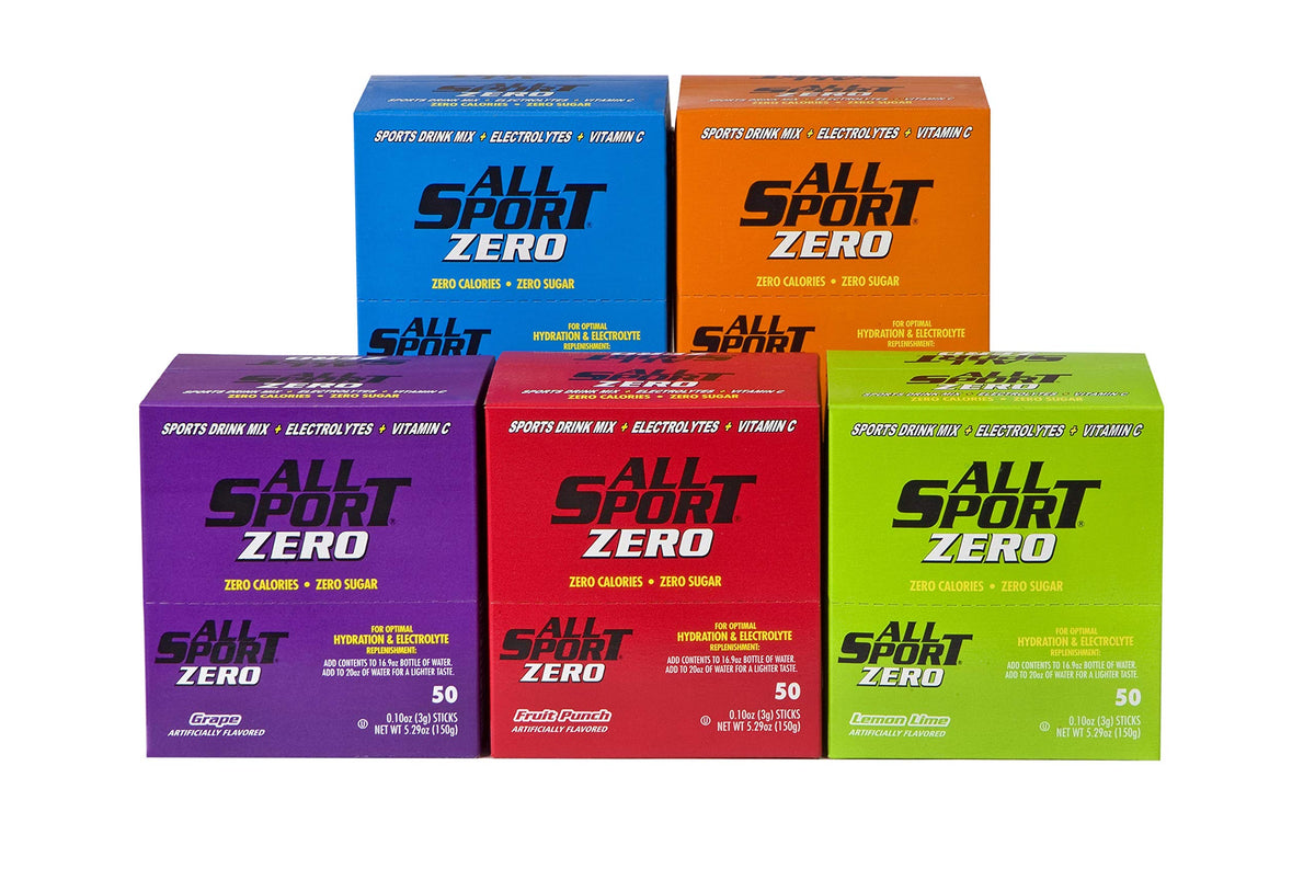 All Sport hydration sticks flavor variety display for convenient electrolyte boosts.