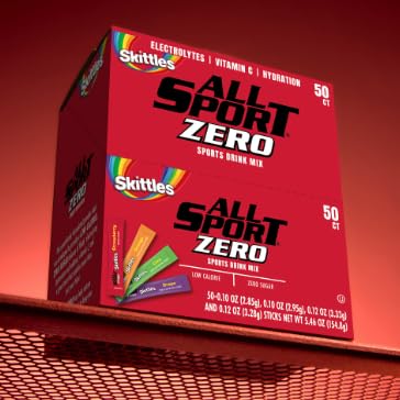 All Sport powder hydration sticks in a Skittles box for on-the-go zero-calorie hydration and electrolytes.