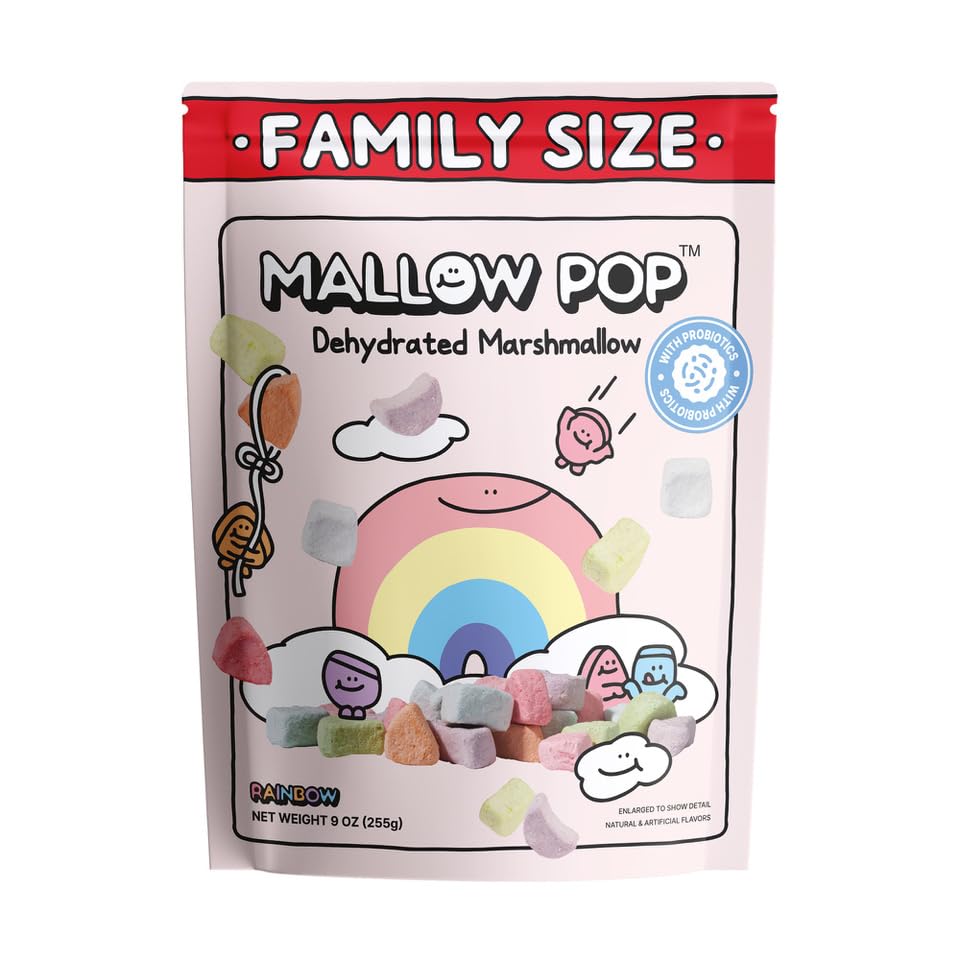 All That Sweet's Mallow Pop Rainbow with Probiotics bag, on-the-go snack with colorful crunch.