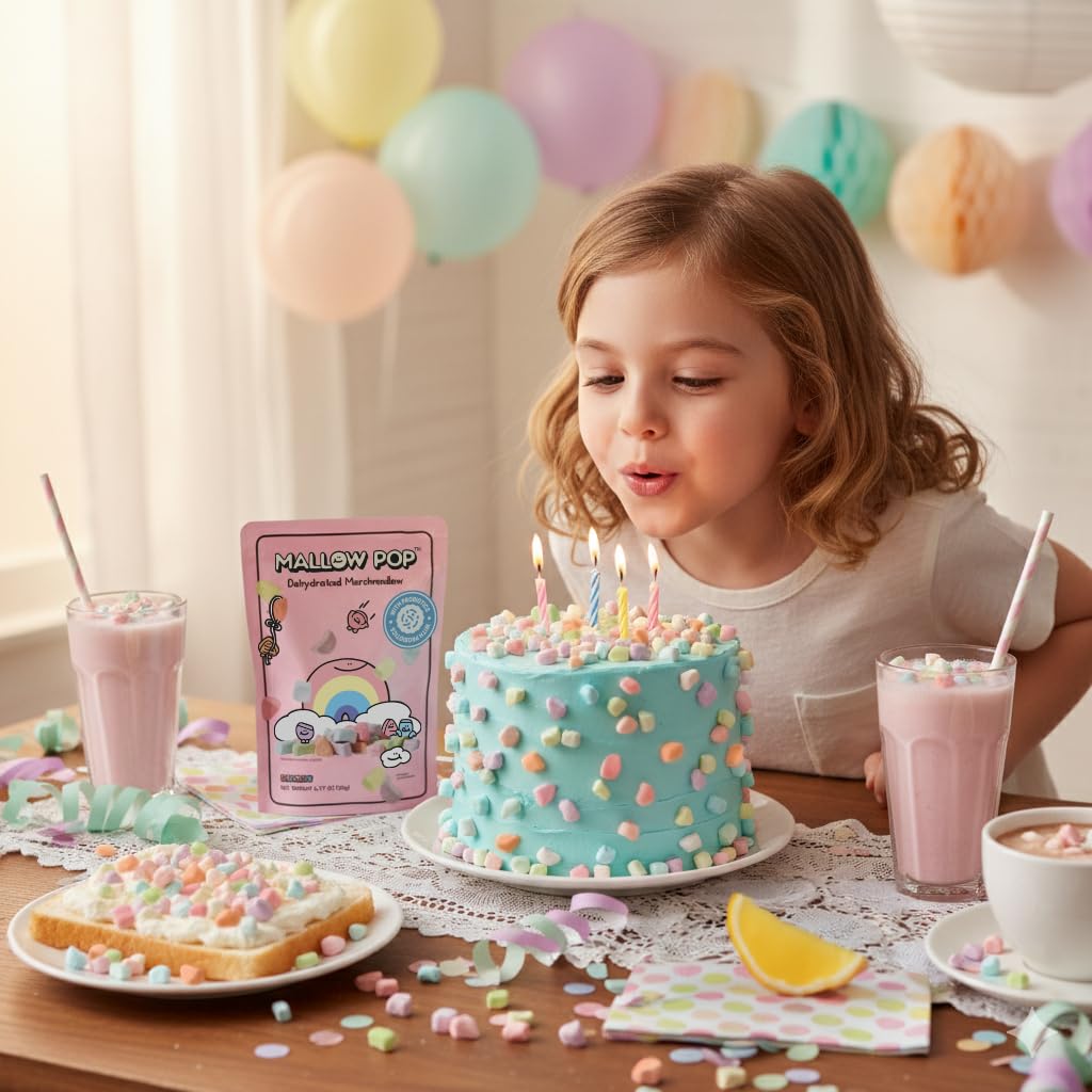 All That Sweet' Mallow Pop Rainbow multi-color bites on a plate ideal as yogurt topping.