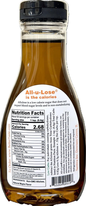 All-u-Lose BetterTaste maple syrup on pancakes for a rich, guilt-free drizzle