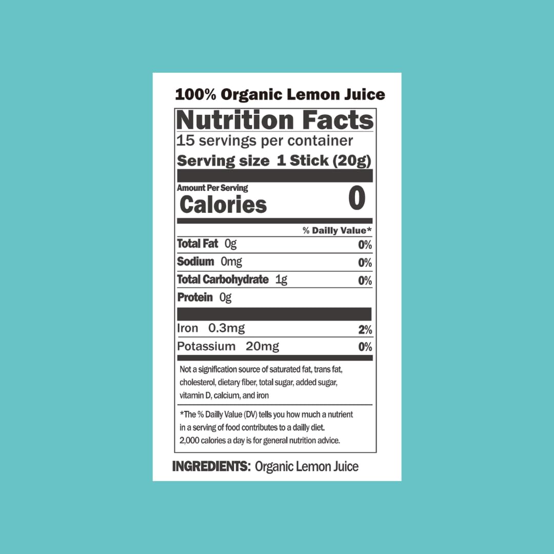 ALLBIO Lemon Juice Sticks closeup label, authentic NFC lemon flavor in every tear-open packet