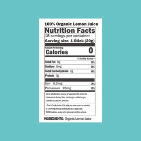 ALLBIO Lemon Juice Sticks closeup label, authentic NFC lemon flavor in every tear-open packet