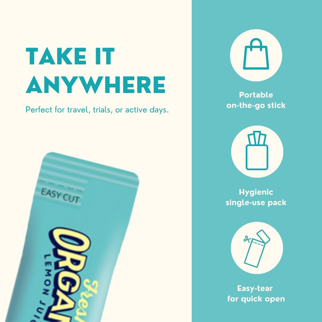 ALLBIO Lemon Juice Sticks single-serve foil-detail, no refrigeration needed for travel