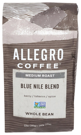 Allegro Coffee Blue Nile Blend whole-bean 12oz bag ready for brewing and aroma.