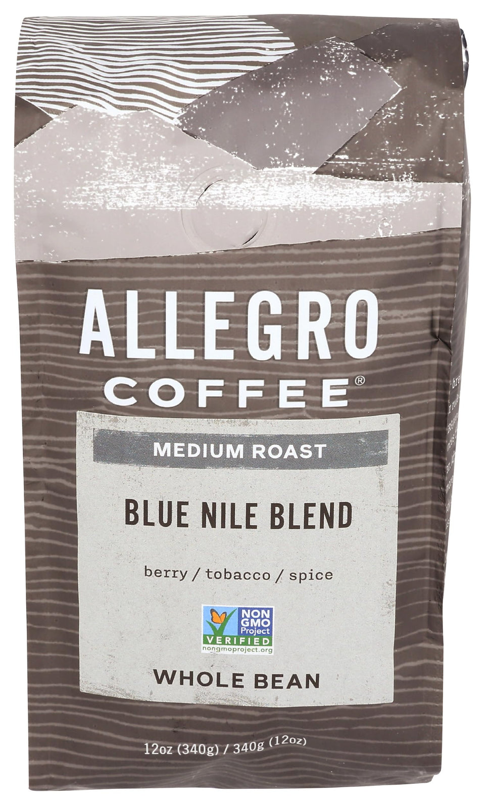 Allegro Coffee Blue Nile Blend whole-bean 12oz bag ready for brewing and aroma.
