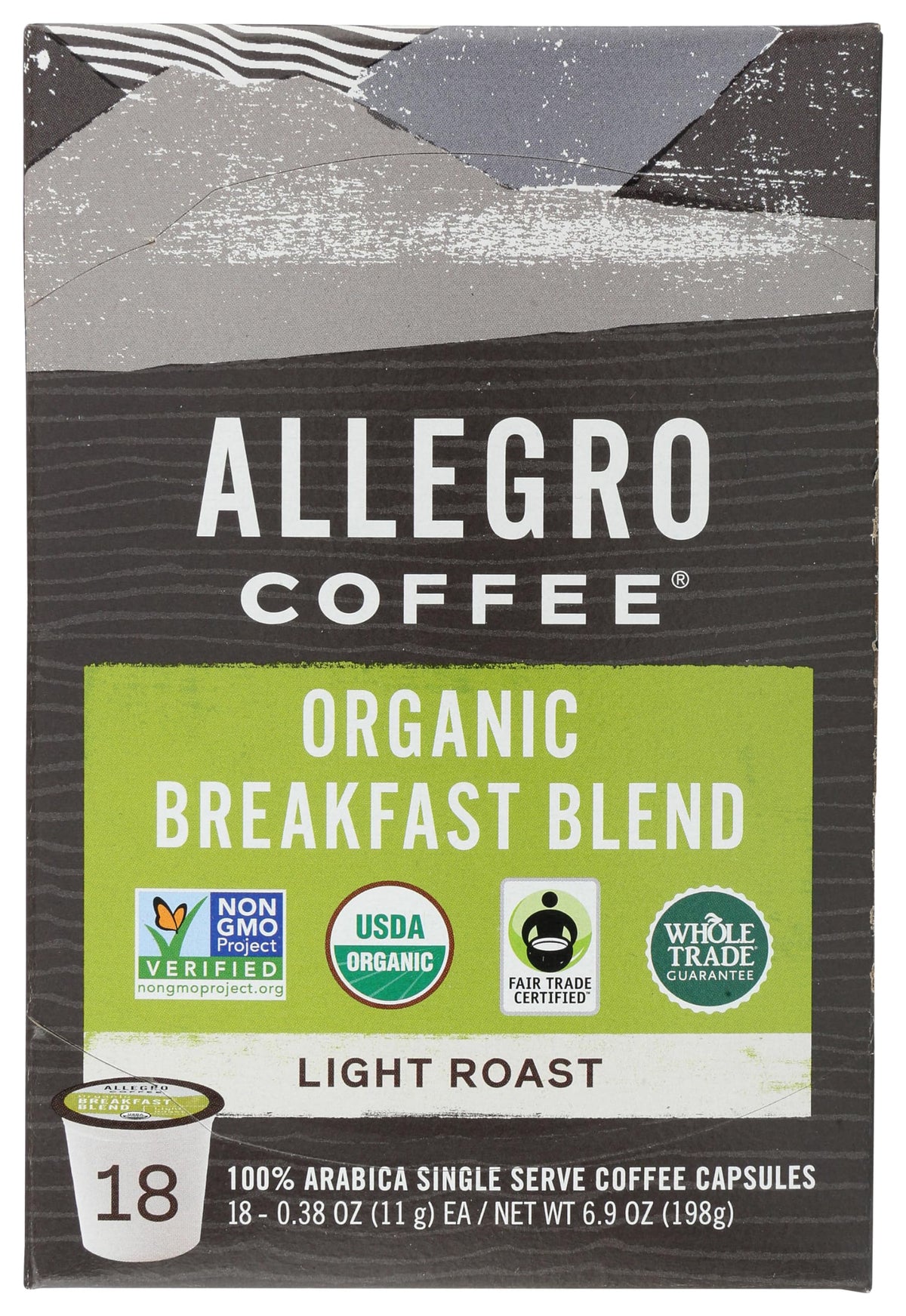 Allegro Coffee Organic Breakfast Blend pods for single-serve brewers, bright with citrus and milk chocolate.