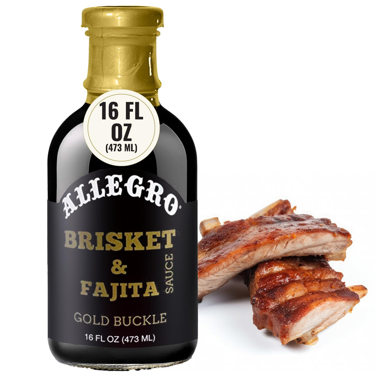 Allegro Gold Buckle sauce bottle enhances brisket and fajitas with juicy flavor.