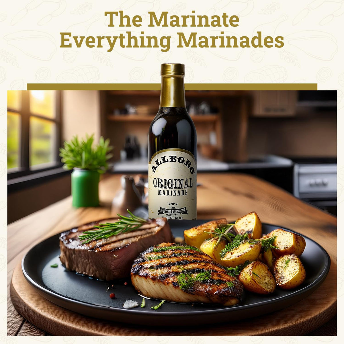 Allegro Marinate label closeup shows premium ingredients for better flavor