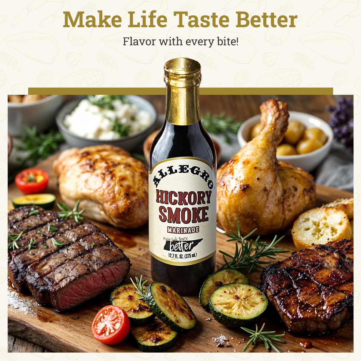 Allegro Marinate setup on grill scene suggests quick marinating for juicy results