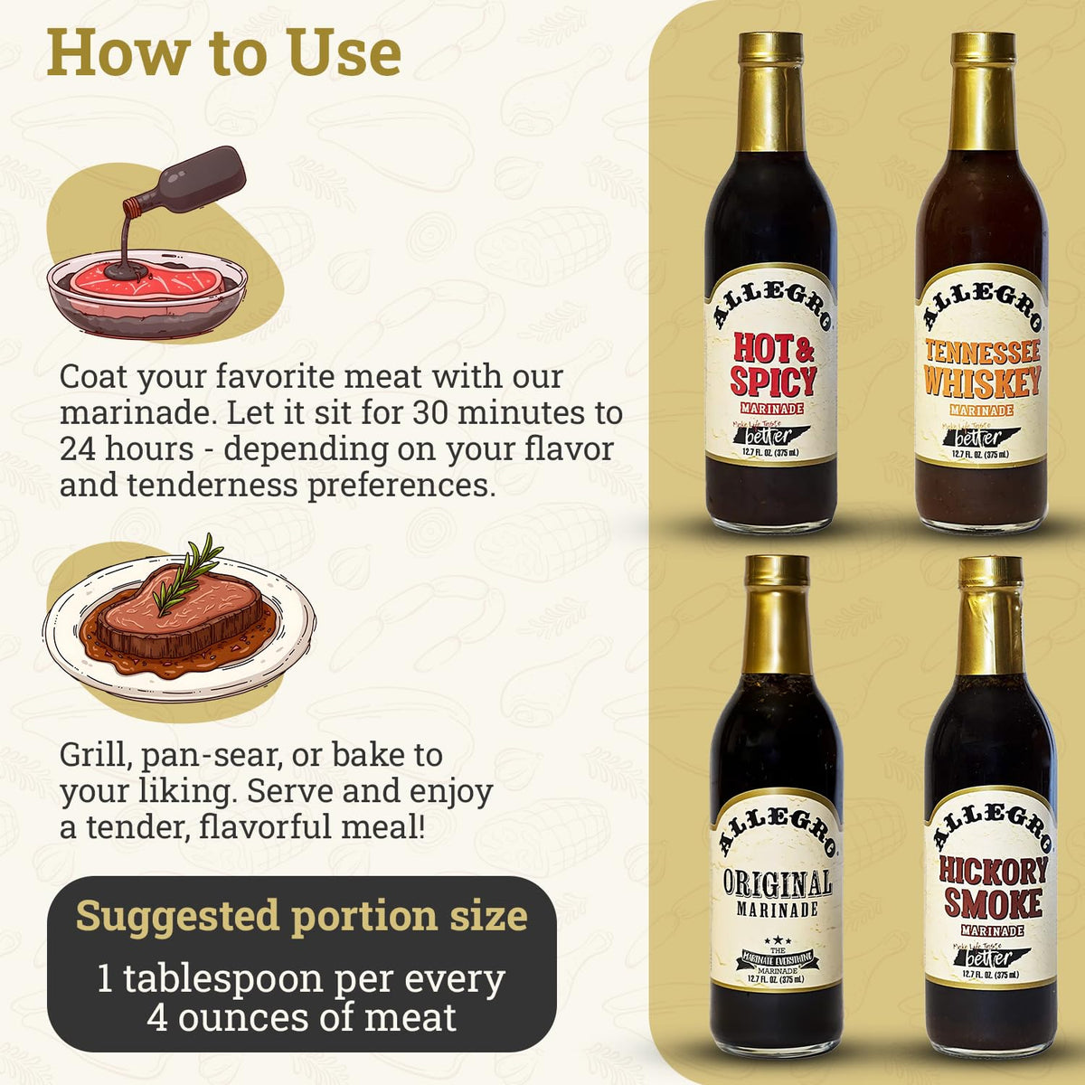 Allegro Marinate Everything Hickory Smoke bottle delivers a smoky backyard barbecue vibe
