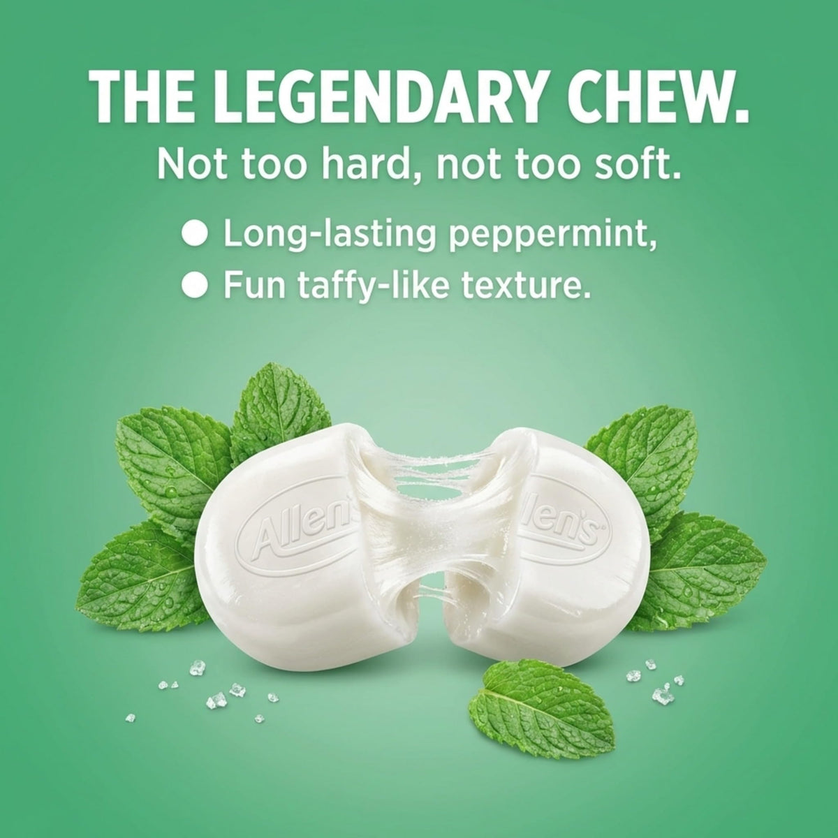 Close-up of Allen's Minties chewy texture with mint flavor