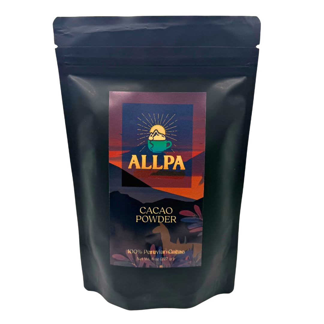 Allpa cacao powder 8 oz jar highlights pure single-origin flavor for baking.