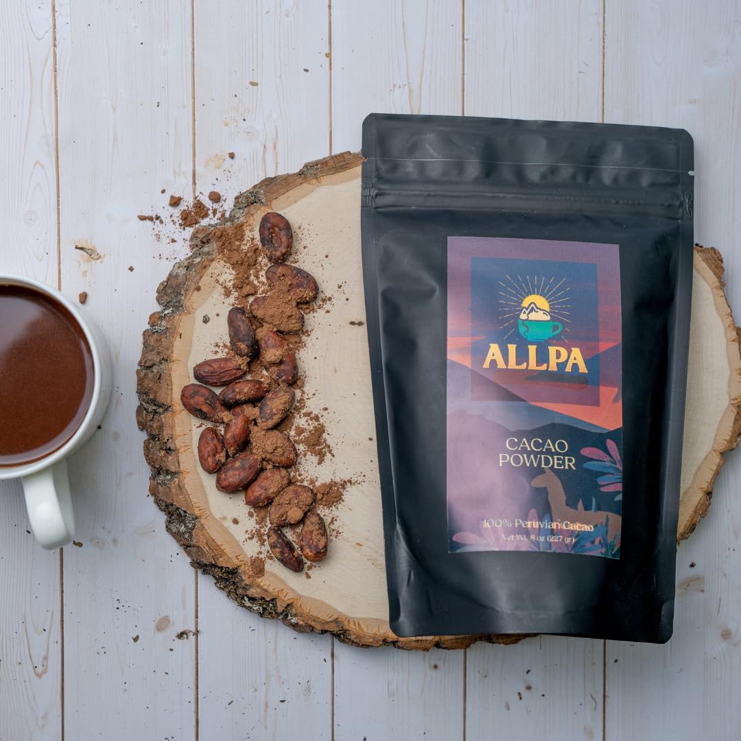 Unsweetened Allpa cacao powder delivers bold chocolate notes with no sugar.