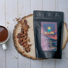 Unsweetened Allpa cacao powder delivers bold chocolate notes with no sugar.