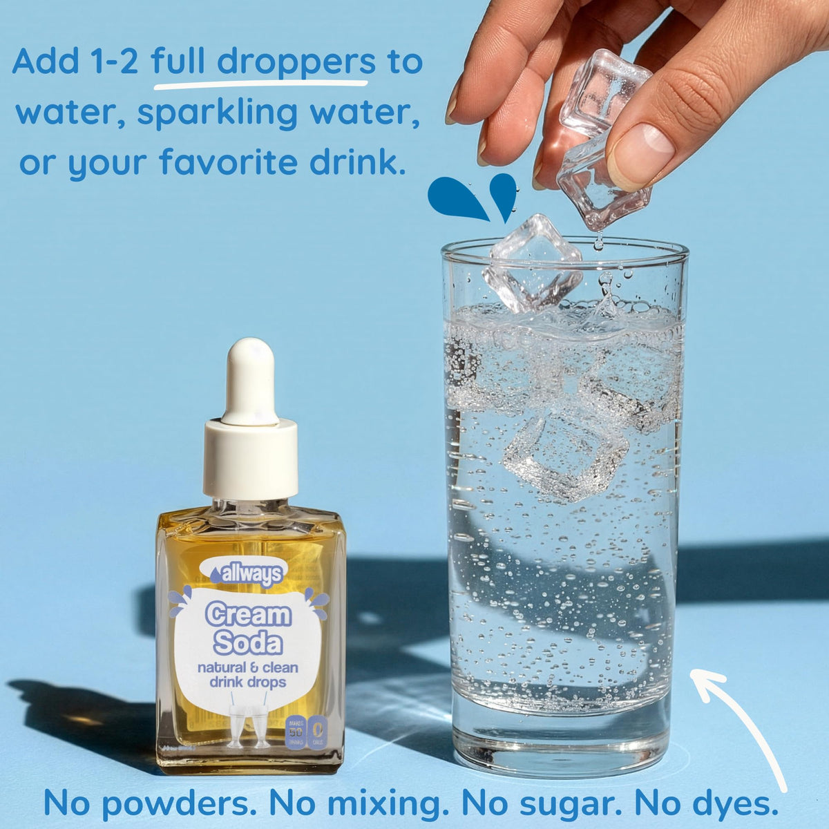 Glass of water with Allways Cream Soda Drops for a smooth flavor.